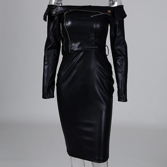 Black Off Shoulder Zipper Faux Leather Midi Dress - Picture 4 of 8